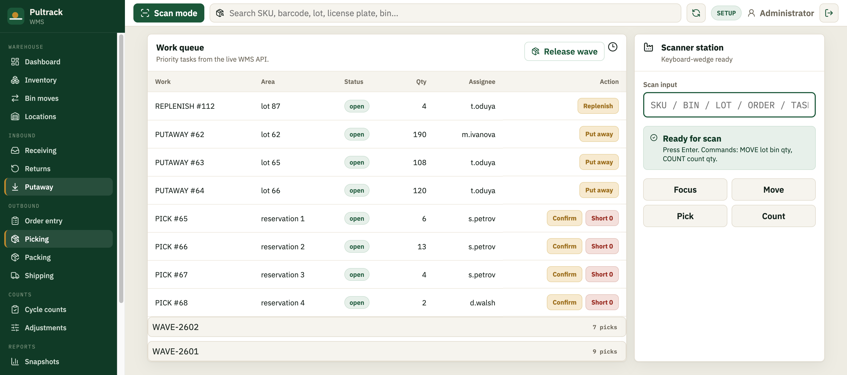 Putaway and pick tasks released to the floor as a wave