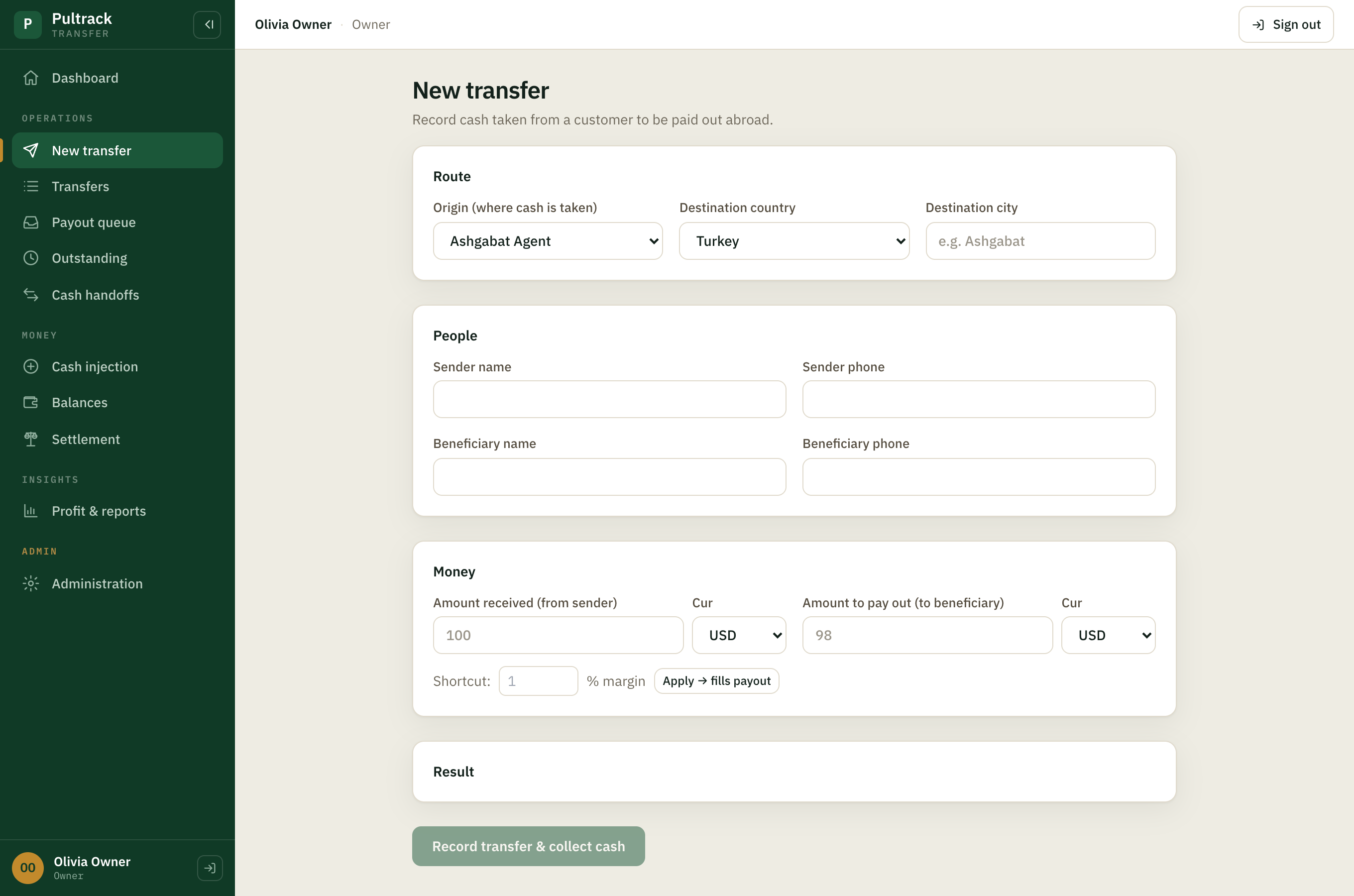 New transfer — collecting cash, sender and beneficiary, amount and payout