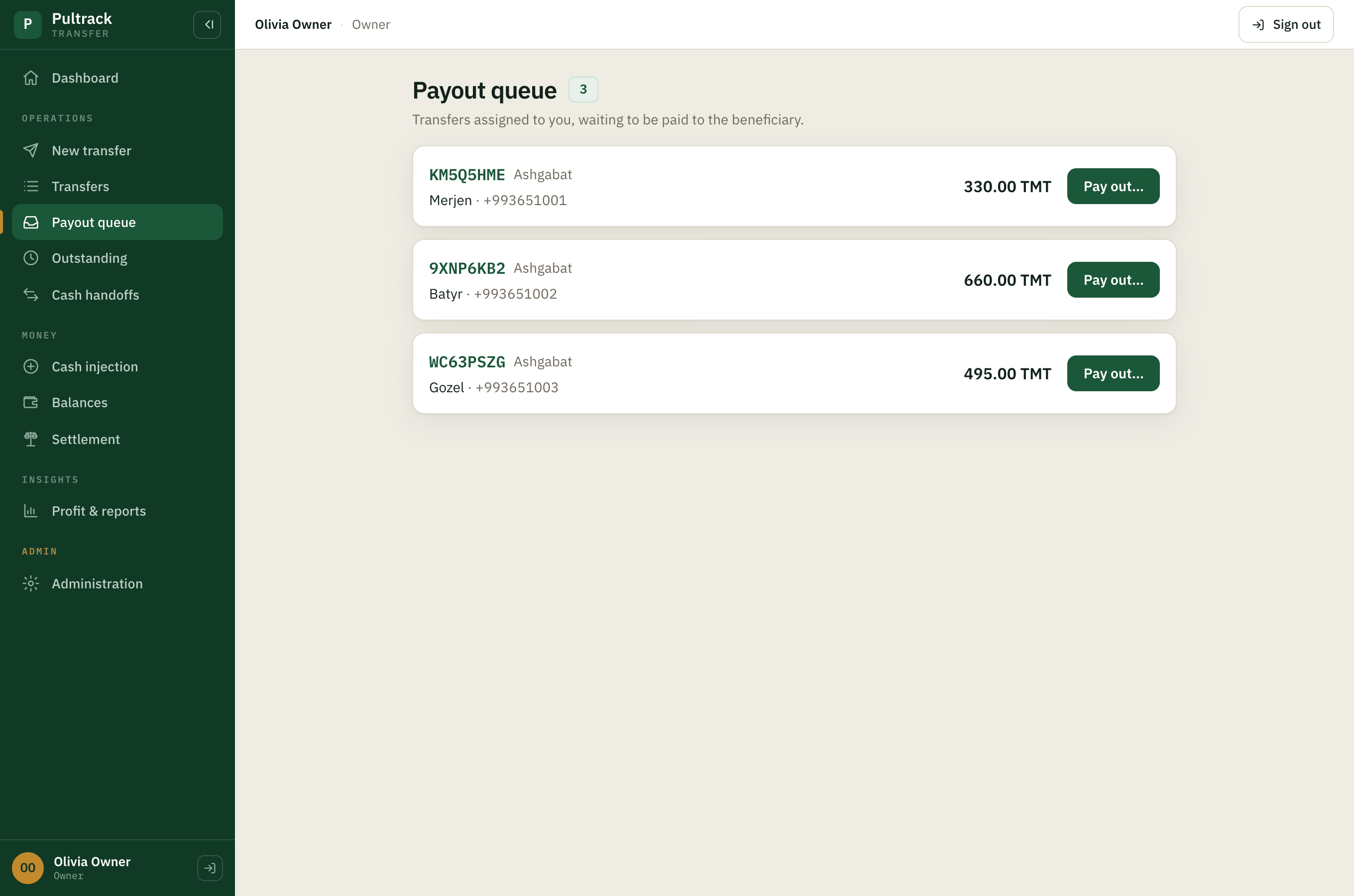 Payout queue — paying a beneficiary against the payout code